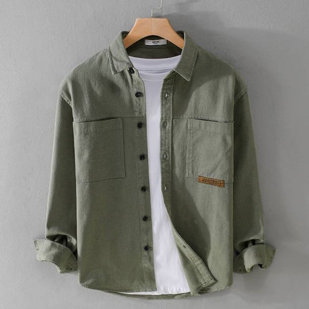 Autumn Simple Cotton Men's Long-sleeved Shirt, Casual Loose Men's Retro Solid-color Youth Shirt_viptrois.com