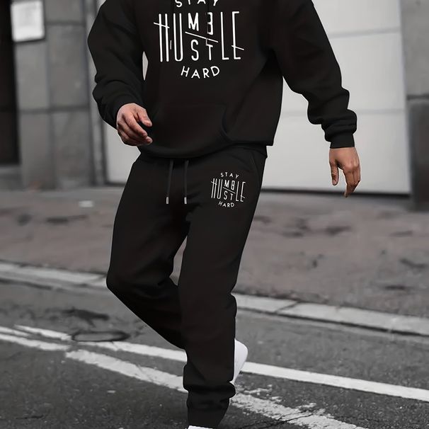 Men's Autumn And Winter Casual Fashion Stay Humble Letter Print Loose Plush Thick Hooded Sweatshirt+sweatpants Set_viptrois.com