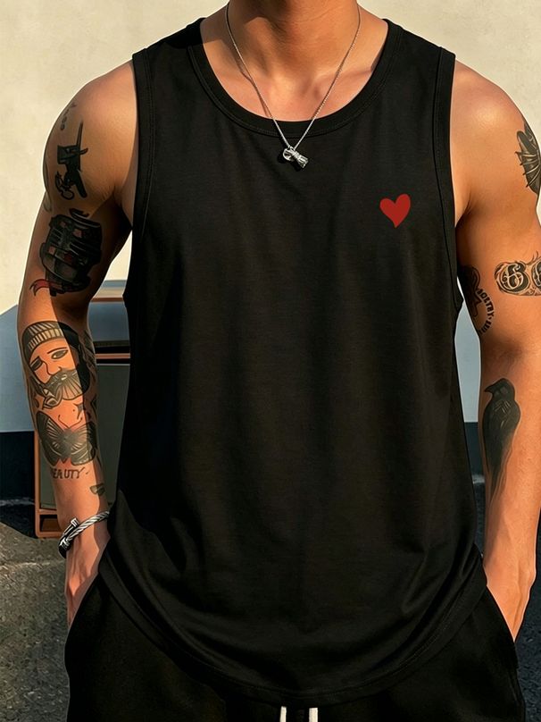 Canotta Uomo Girocollo 100% Cotone Stampa Cuore Semplice Morbida Traspirante Senza Maniche Sport Casual Primavera Estate Multicolore_viptrois.com