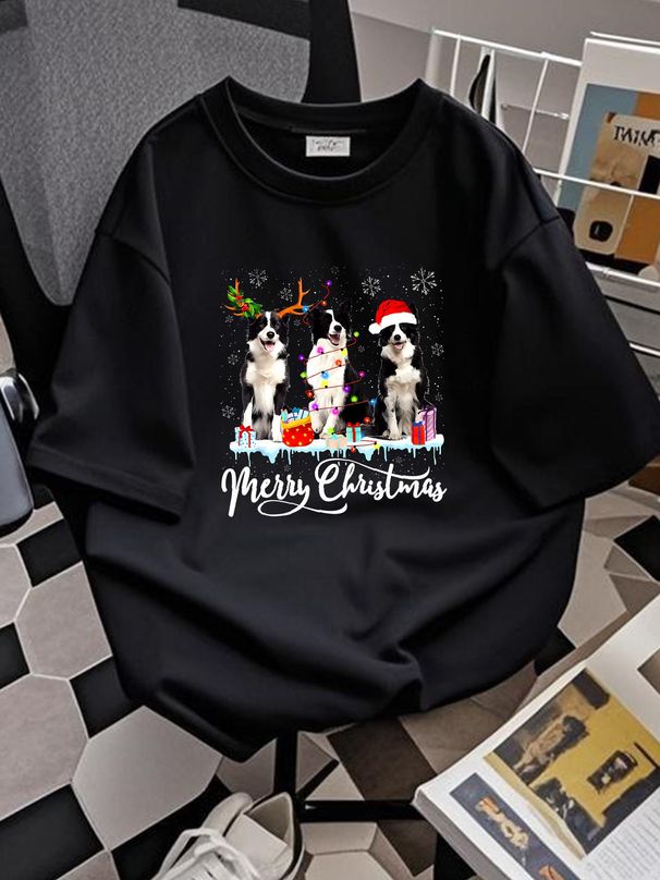 Merry Christmas Border Collie Love Santa Reindeer Light Xmas T-Shirt Funny S-5XL Homme Stylish Streetwear Breathable Graphic Summer Comfortable_viptrois.com