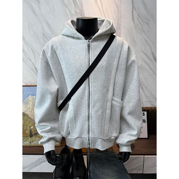 Men's Heavyweight Paris Grey Zip-Up Hoodie - 400g Warm Patchwork Deconstructed Streetwear Jacket For Autumn & Winter_viptrois.com