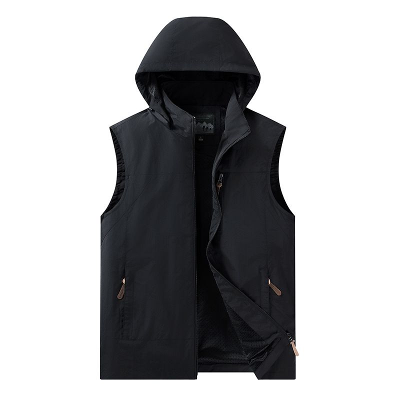Men’s Lightweight Hooded Vest – Breathable Polyester Corduroy Sleeveless Jacket For Outdoor & Casual Wear (Double-Breasted, Zip Pockets, Striped)_viptrois.com