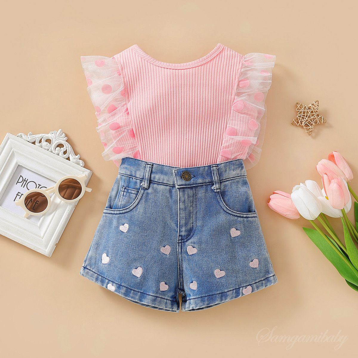 Mother & Kids Foreign trade children's clothing summer girls internet celebrity suit western style girl new mesh lace top embroidered denim shorts_viptrois.com