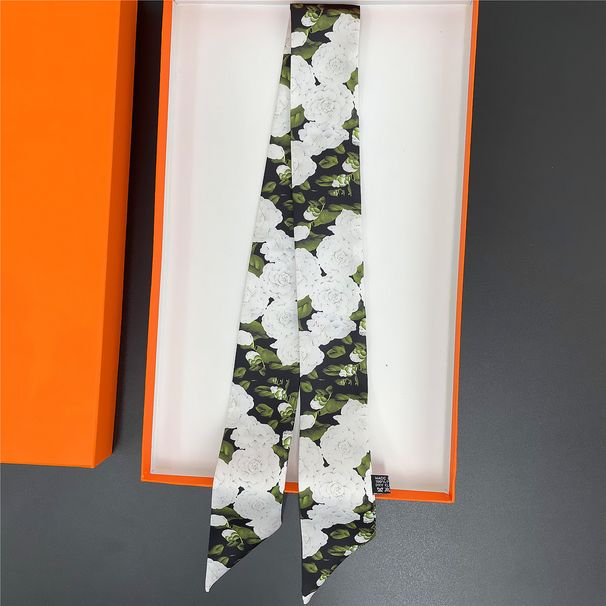 Black And White Camellia Long Commuting Belt Hair Headband Ribbon Bag Tie Small Women's Scarf_viptrois.com