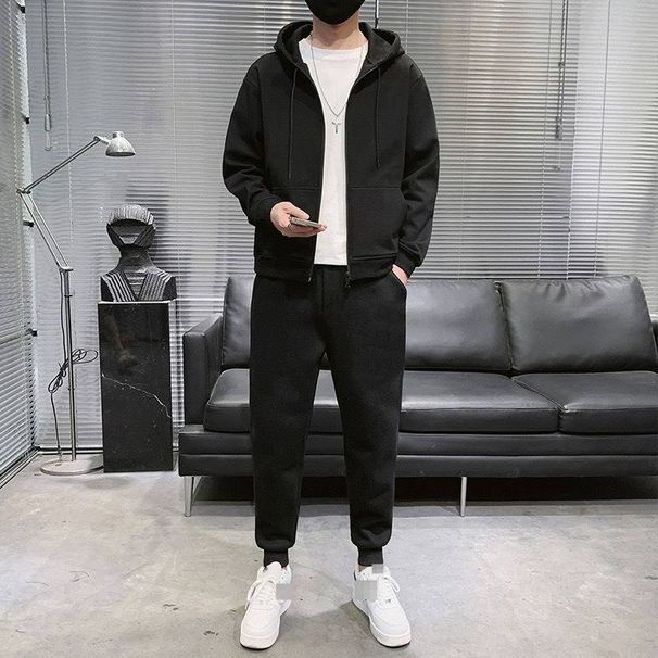Men's Clothing Fleece Hooded Sweatshirt Jogger Set - Long Sleeve Zip Up Hoodie With Cuffed Pants, Casual Athletic Outfit For Running, Gym, Streetwear_viptrois.com