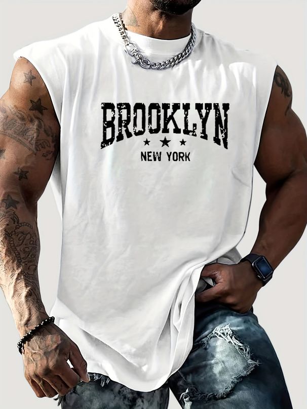 100% Pure Cotton Men's Summer Casual Sports Fitness Loose Brooklyn Pattern Printed Breathable Round Neck Sleeveless Vest_viptrois.com