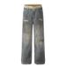 American High Street Design, Double Waisted Washed Water Distressed Jeans, Men's And Women's Straight Wide Leg Pants_viptrois.com