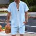 Men's Clothing Shirt Casual Henry Collar Pocket Short Sleeved Shorts Beach Suit_viptrois.com