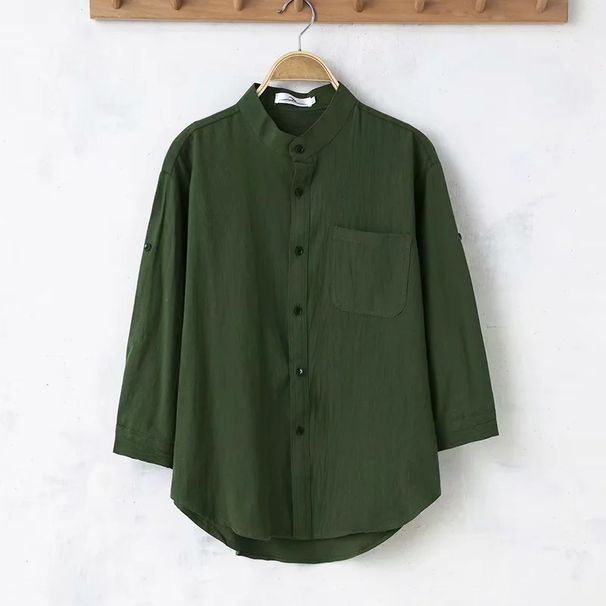 Men's Clothing Spring and Summer Cotton and Linen 7 Quarter Sleeve Shirt Men's Linen Round Neck Solid Color Mid Sleeve Trendy Short Sleeved Shirt_viptrois.com