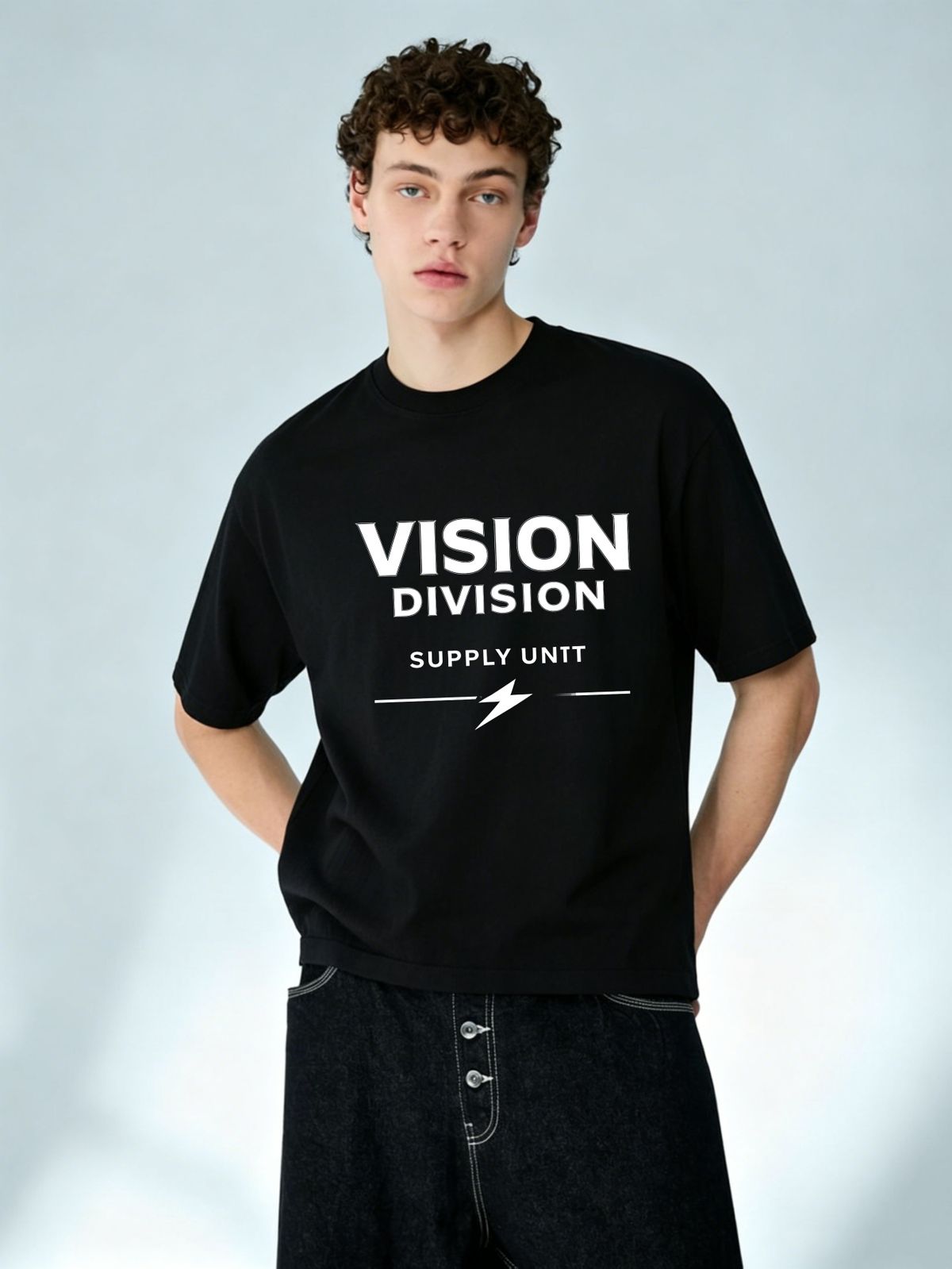 Men's 100% Cotton VISION DIVISION Lightning Letter Printed Short Sleeve T-Shirt New Summer Casual Round Neck Regular Fit Streetwear Graphic Tee_viptrois.com