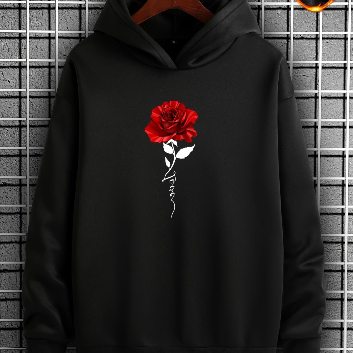 Men's Autumn And Winter Casual Fashion Loose Hooded Sweatshirt With Rose Graphic Pattern Print Warm Long Sleeved Pullover_viptrois.com