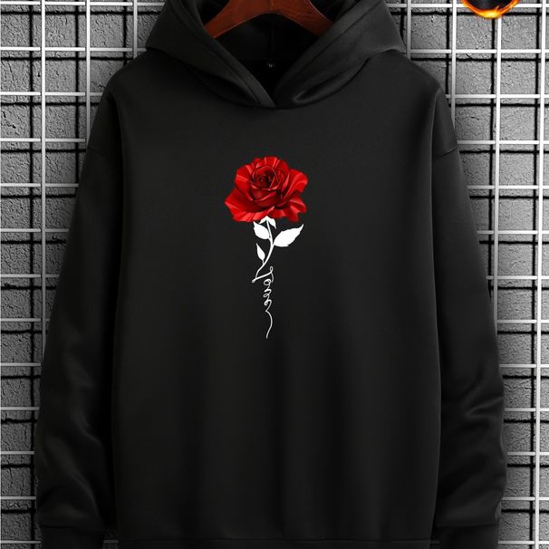 Men's Autumn And Winter Casual Fashion Loose Hooded Sweatshirt With Rose Graphic Pattern Print Warm Long Sleeved Pullover_viptrois.com