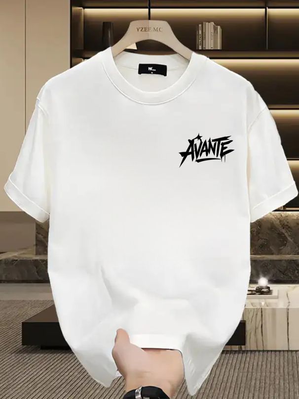 Men's 100% Cotton Short Sleeve Tee, Graffiti Style AVANTE Text Print, Loose Fit, Niche Trendy High Street Summer Top_viptrois.com