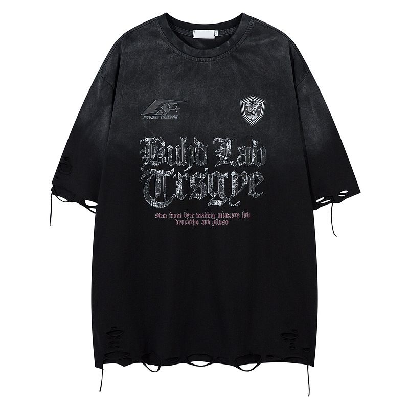 Men's Clothing American Retro National Fashion Brand Distressed Short Sleeved T Shirt Men's Summer 2025 New Oversize Loose Cut Top_viptrois.com