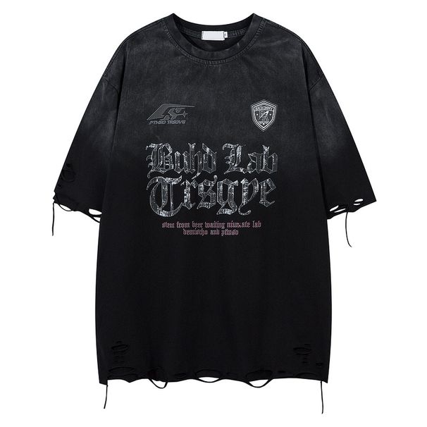 Men's Clothing American Retro National Fashion Brand Distressed Short Sleeved T Shirt Men's Summer 2025 New Oversize Loose Cut Top_viptrois.com