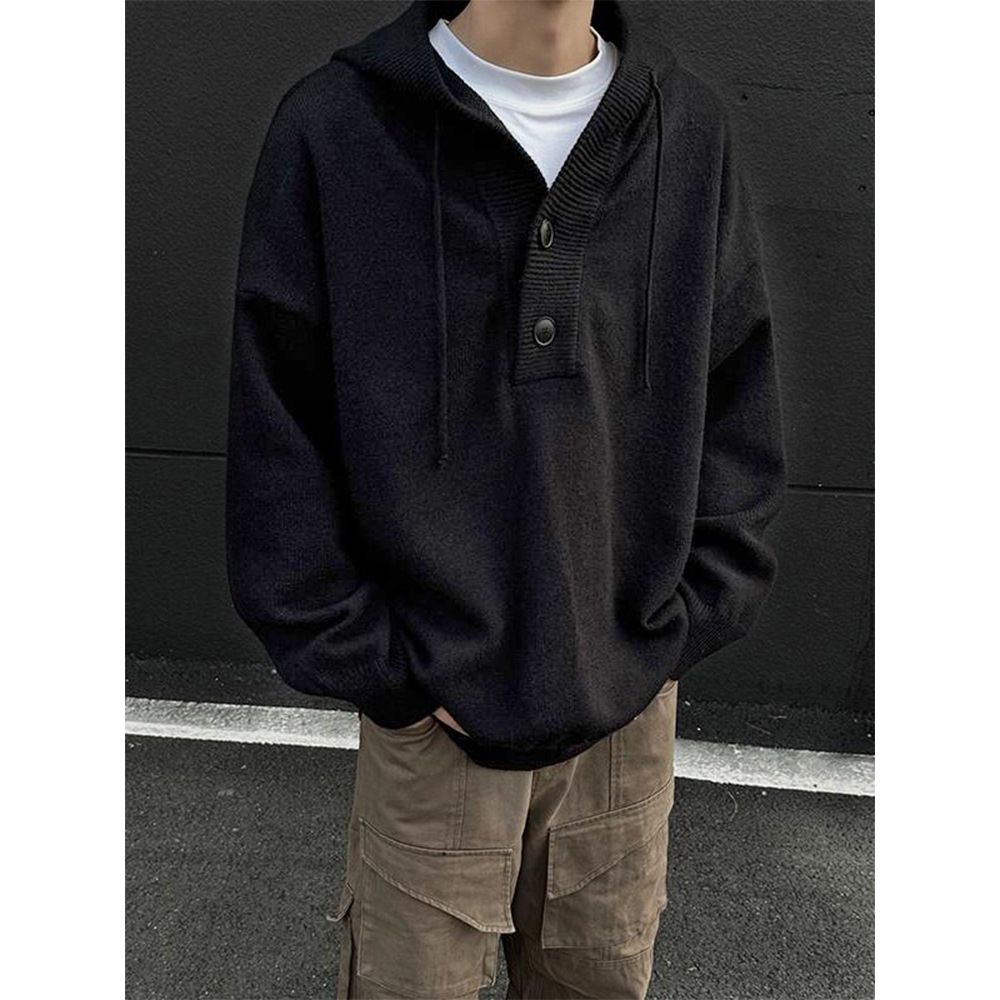 Hooded Knitted Men's Autumn/Winter Loose Sweater With Half Open Button_viptrois.com