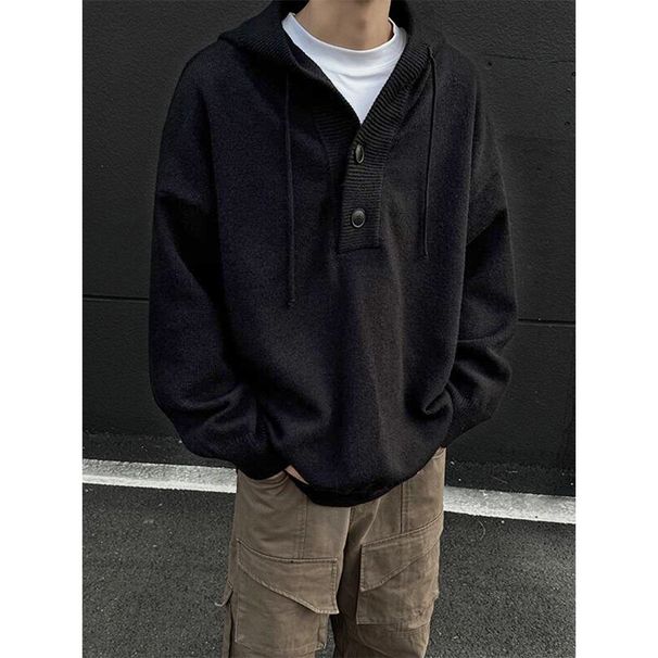 Hooded Knitted Men's Autumn/Winter Loose Sweater With Half Open Button_viptrois.com