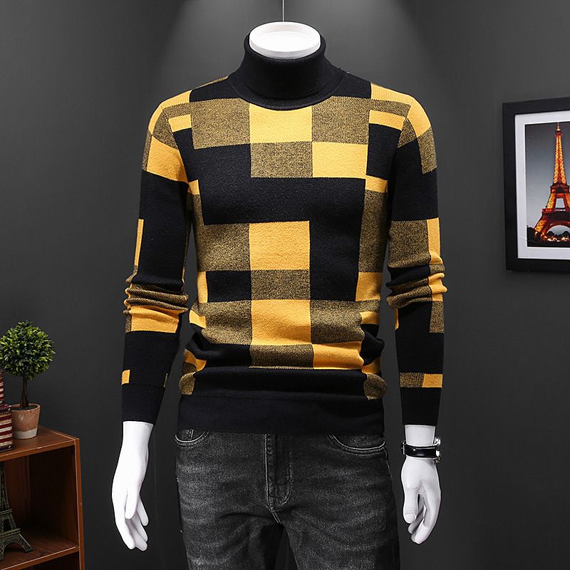 Autumn Winter New Men's High Collar Warm Long Sleeve Sweater Trendy Fashion Casual Knitted Base Shirt 2808_viptrois.com