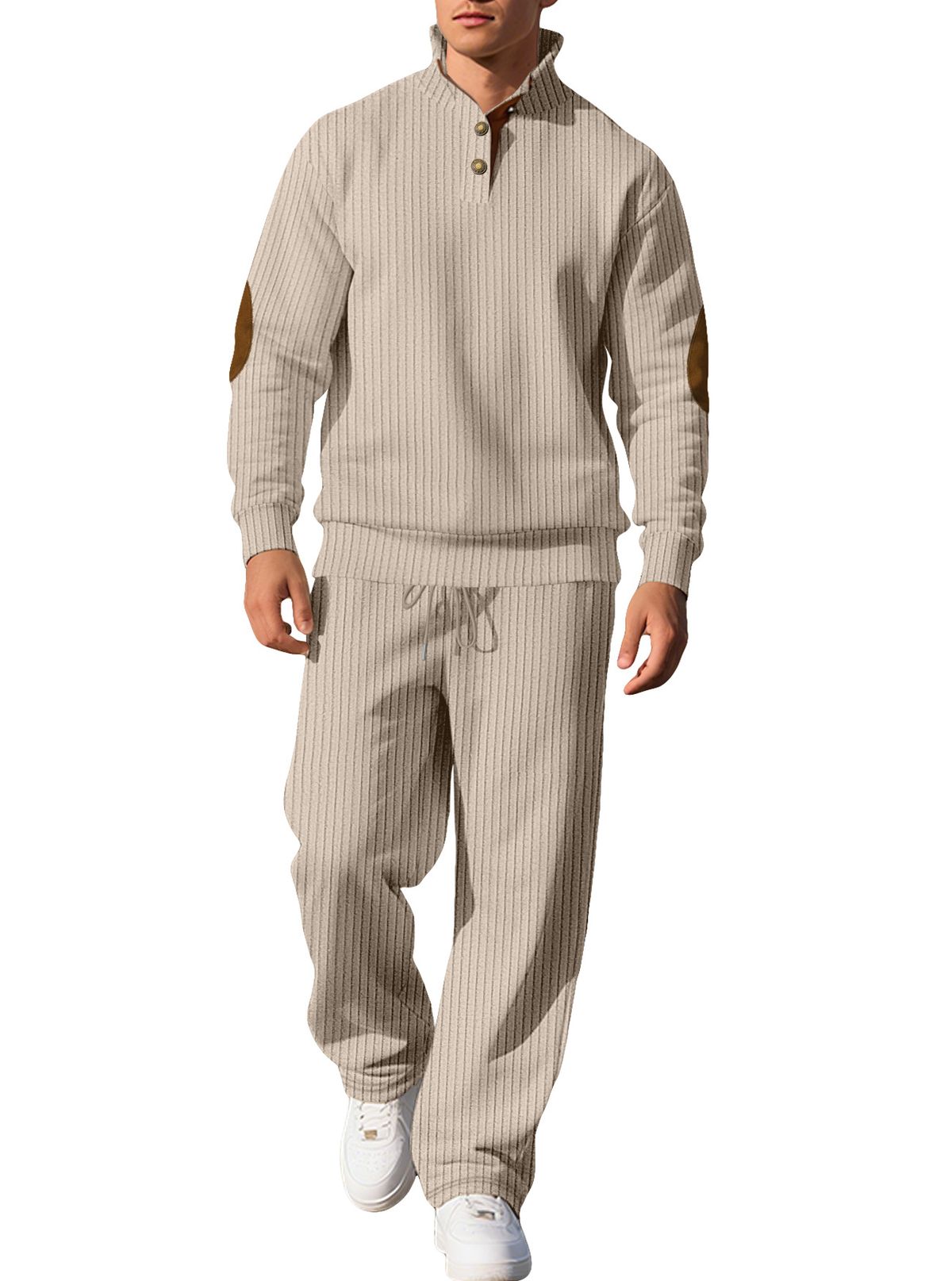 Men's Casual Knitted Tracksuit Set – Ribbed Jacquard Long Sleeve Polo Top With Stand Collar And Drawstring Pants, Fashion Sportswear Outfit_viptrois.com