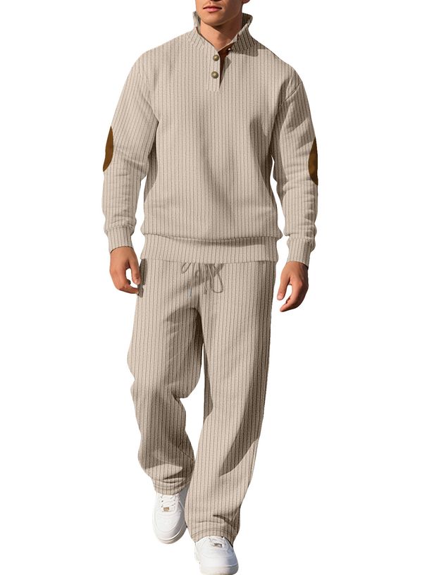 Men's Casual Knitted Tracksuit Set – Ribbed Jacquard Long Sleeve Polo Top With Stand Collar And Drawstring Pants, Fashion Sportswear Outfit_viptrois.com