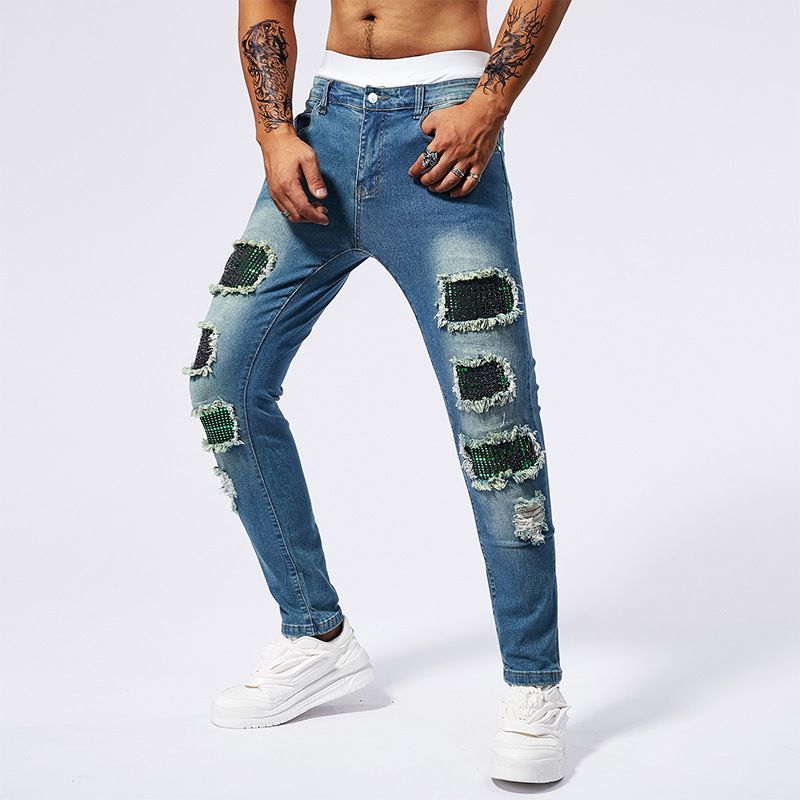 Men's Clothing Men's Ripped Jeans, Patch Men's Hip Hop Street Trend Youth Denim Trousers Tik Tok Cross Border Jeans_viptrois.com