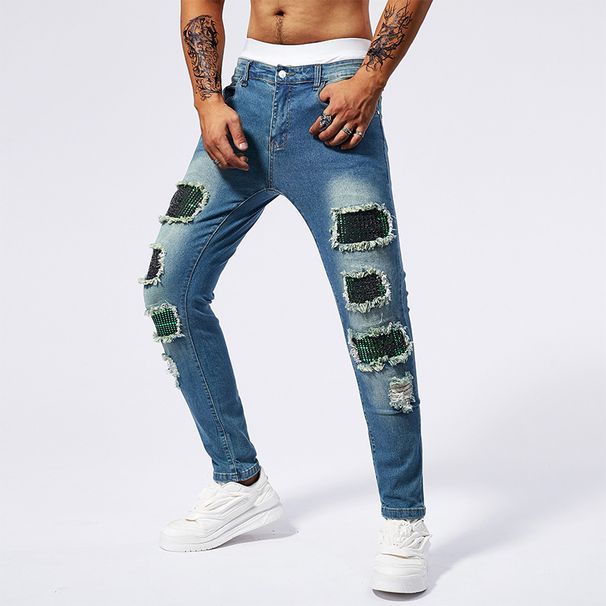 Men's Clothing Men's Ripped Jeans, Patch Men's Hip Hop Street Trend Youth Denim Trousers Tik Tok Cross Border Jeans_viptrois.com