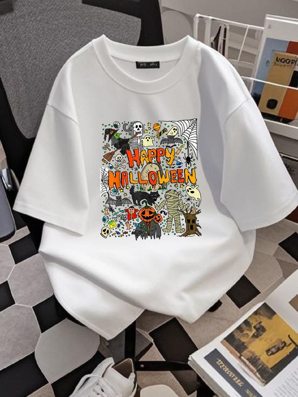 Happy Halloween Scary Retro Boys Girls T-Shirt Streetwear T-Shirt For Women Casual Comfortable Soft Summer Fashion Stylish Graphic Casual Women Breathable Print Round Neck Short Sleeve Stretched Slightly Female Women Top Graphic Tees Unisex_viptrois.com