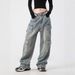 Men's Clothing Hanlu Women's Workwear Style Distressed Washed Jeans Women's Spring New Three Dimensional Pocket Design Denim Trousers_viptrois.com