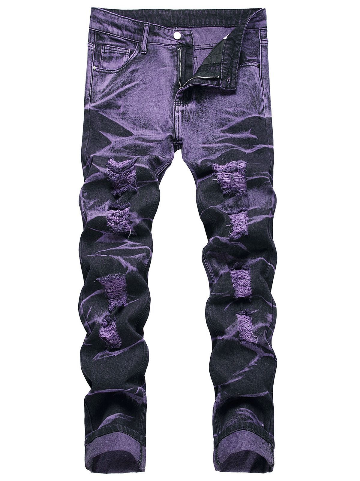 Men's Clothing High-Quality Trendy Personalized Purple And Black Ripped Denim Trousers_viptrois.com