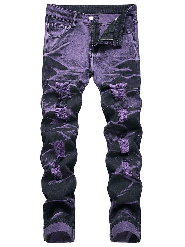 Men's Clothing High-Quality Trendy Personalized Purple And Black Ripped Denim Trousers_viptrois.com