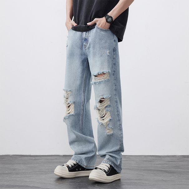 Men's Clothing Ripped Jeans Men's Straight Loose Designer Summer New Style Drape Pants Casual Denim_viptrois.com