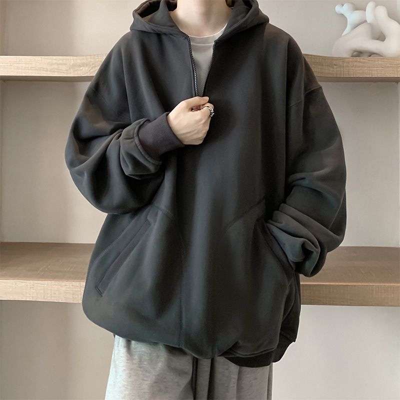 Navy Blue Half-zipper Sweater Men's Autumn And Winter Velvet Trendy Loose Coat Ins Trendy Brand Hooded Clothes_viptrois.com