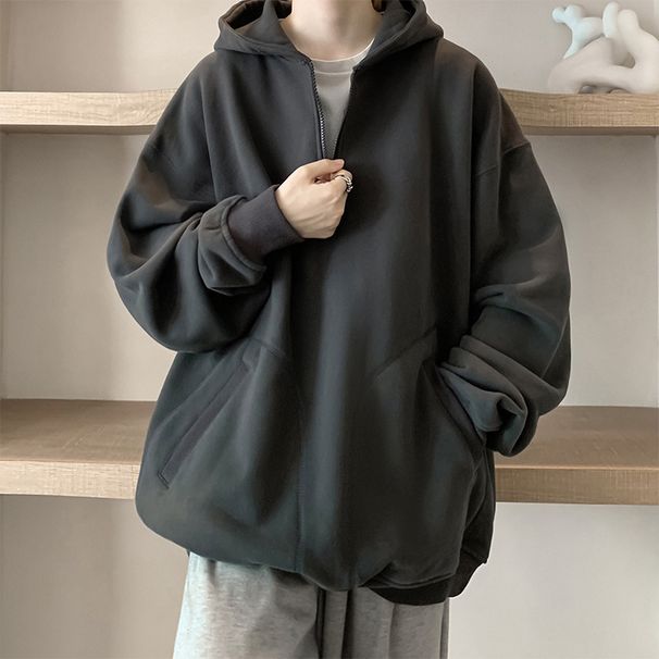 Navy Blue Half-zipper Sweater Men's Autumn And Winter Velvet Trendy Loose Coat Ins Trendy Brand Hooded Clothes_viptrois.com