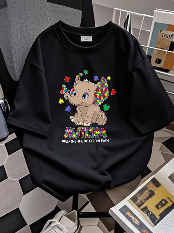 Autism Awareness Elephant Walking The Different Path Puzzle T-Shirt Size S-5XL Unisex Streetwear Breathable Top For Everyday Wear Casual_viptrois.com