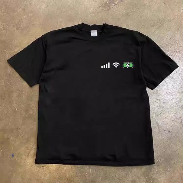 250g Heavyweight Pure Cotton! Oversized Printed Short Sleeved T Shirt For Couples, Featuring A "fully Charged" And "full Signal" Design._viptrois.com
