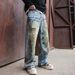 Men's Clothing American Vibe Dirty Old Graffiti Wide Leg Jeans Men's Personality Ripped Handsome Straight Casual Pants Men_viptrois.com