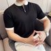 Men's Premium Striped Knit Polo Shirt Short Sleeve Half Zip Color Blocked Stand Collar Casual 2026_viptrois.com