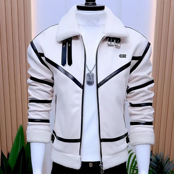 Men's Clothing Winter Jacket Deerskin Plus Velvet Thick Warm Lapel Slim Short Casual Top Coat_viptrois.com