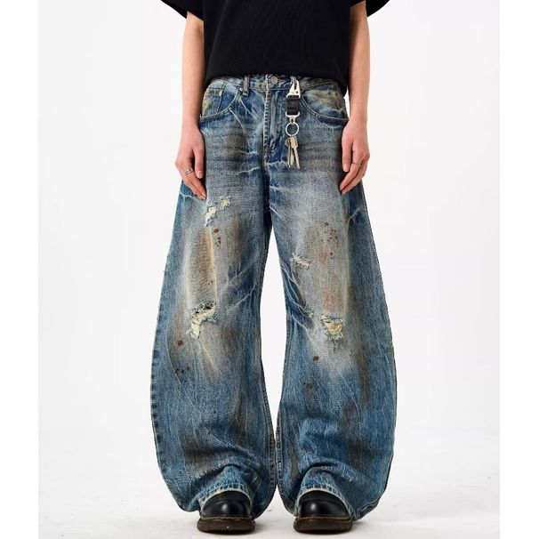 Men's Clothing Washed Retro Loose Wide Leg Jeans Men's Trendy Brand Old Dirty Pants Harem Straight Daddy Pants_viptrois.com