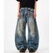 Men's Clothing Washed Retro Loose Wide Leg Jeans Men's Trendy Brand Old Dirty Pants Harem Straight Daddy Pants_viptrois.com
