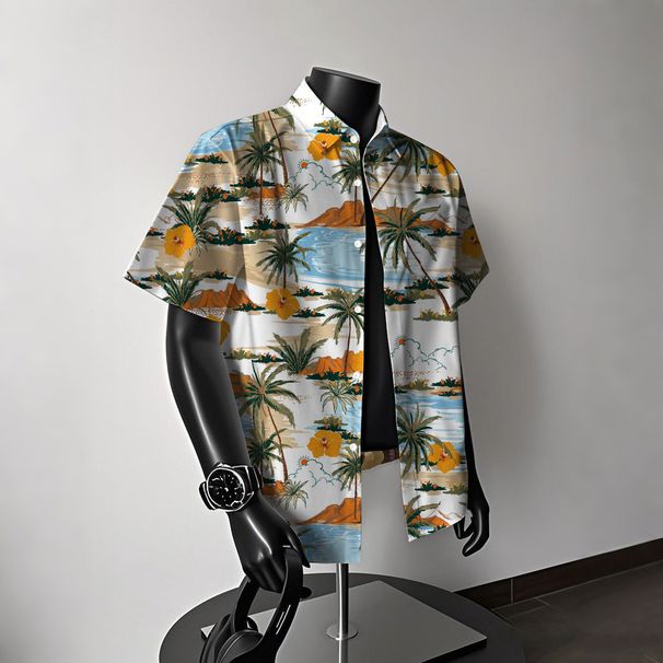 New 2026 Ice Silk Beach Flower Shirt Short Sleeve Men's Summer Beach Vacation Men's Clothing_viptrois.com