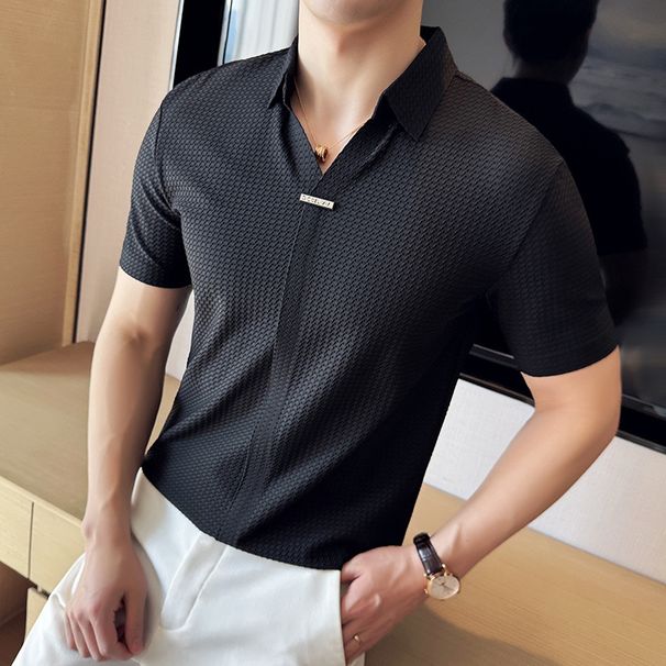 High Elasticity Men's Casual Polo Shirt Short Sleeve Ice Silk Seamless Thin Waffle Knit Style Summer Arrival_viptrois.com