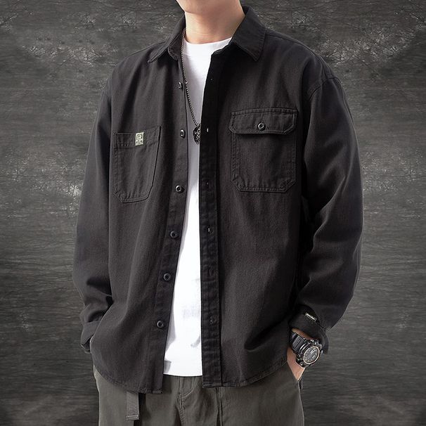High-end American Casual Pocket Solid Color Men's Long Sleeve Spring New Japanese Retro Workwear Shirt Jacket_viptrois.com