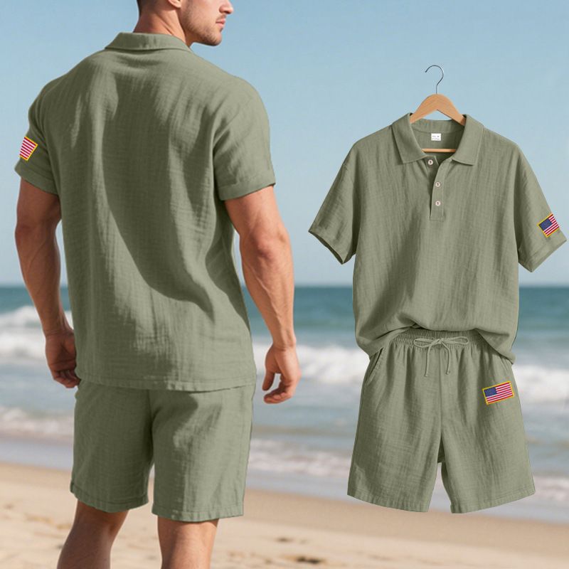 Men's Summer Linen Suit Set Casual Polo Shirt And Short-Sleeved Shorts_viptrois.com