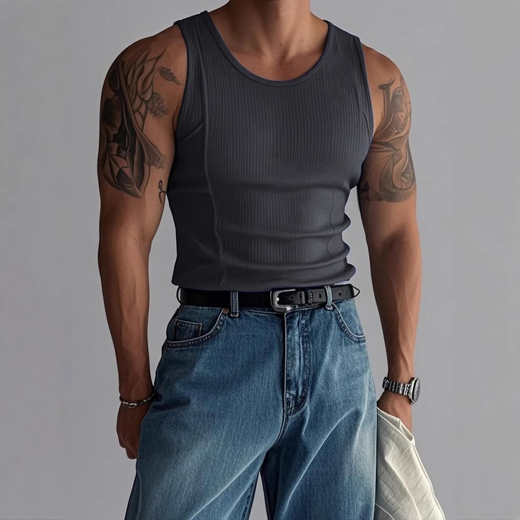 Men's Clothing Foreign Trade Summer Knitted Vertical Strip Fitness Sports Leisure Slim Vest Men's Sleeveless Wide Shoulder Vest Men_viptrois.com