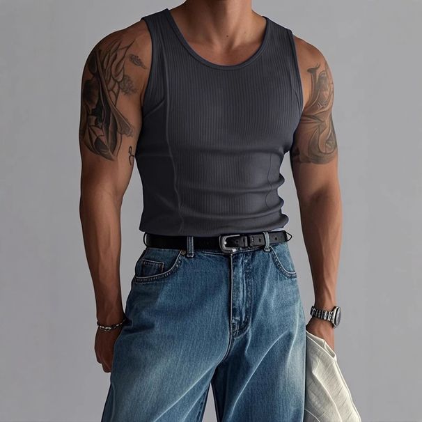 Men's Clothing Foreign Trade Summer Knitted Vertical Strip Fitness Sports Leisure Slim Vest Men's Sleeveless Wide Shoulder Vest Men_viptrois.com