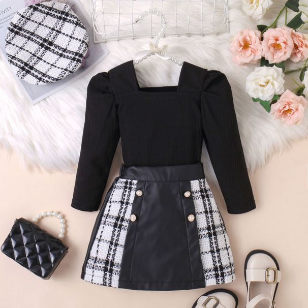 Children's Clothing Xiao Autumn And Winter Long Sleeved Woven Tweed Plaid Splicing PU Leather Short Skirt Hat Three Piece Suit For Girls_viptrois.com