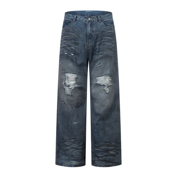 Post-apocalyptic Style Distressed Vintage Dirty Jeans Trendy Punk Beggar Washed Frayed Loose Straight Long Pants For Men_viptrois.com