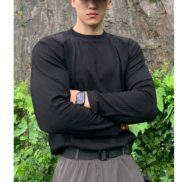 "Classic Fit Long Sleeve T-Shirt For Men - Solid Color, Polyester Blend, All-Season Staple With Contrast Stitching (Sizes M-5XL)"_viptrois.com