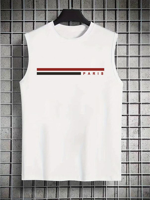 100% Pure Cotton Men's Summer Casual Sports Fitness Loose Paris Letter Pattern Printed Breathable Round Neck Sleeveless Vest_viptrois.com